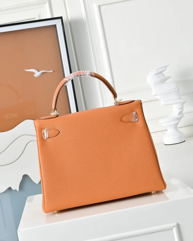 Kelly-Inspired 28 Orange Structured Top-Handle Bag, rear panel