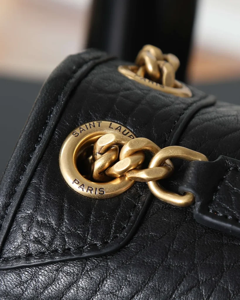 Black Pebbled Flap Chain Bag — chain view