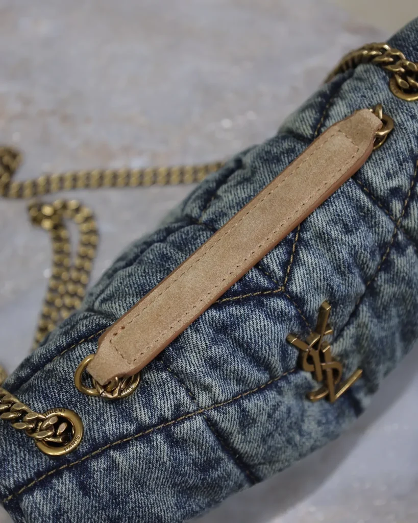 Washed-Blue Quilted Flap Bag — strap detail view