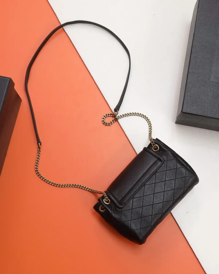 Black Diamond-Quilted Chain Flap Bag — rear view