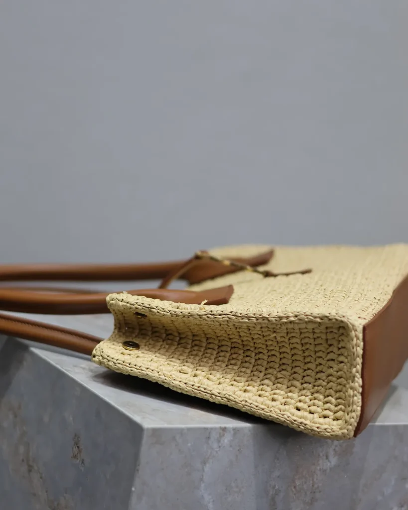Natural-Tone Woven Tote with Brown Handles — side view