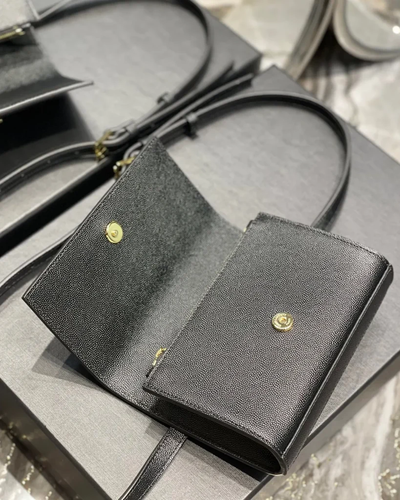 Black Grained-Look Strap Wallet — open flap view
