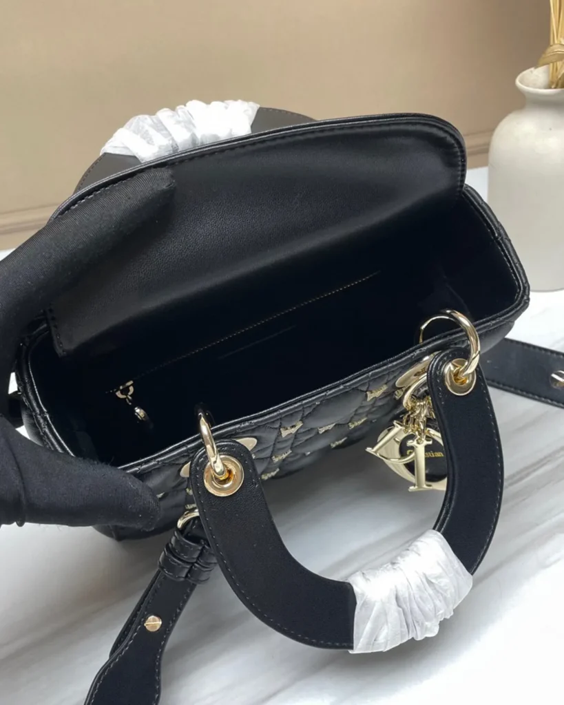 Black Butterfly-Embellished Top Handle Bag — interior view