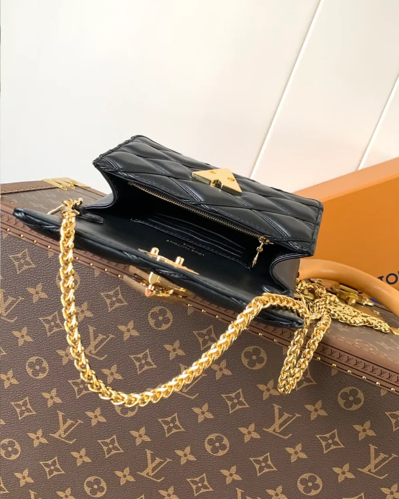 Black Quilted Chain Flap Bag — interior view