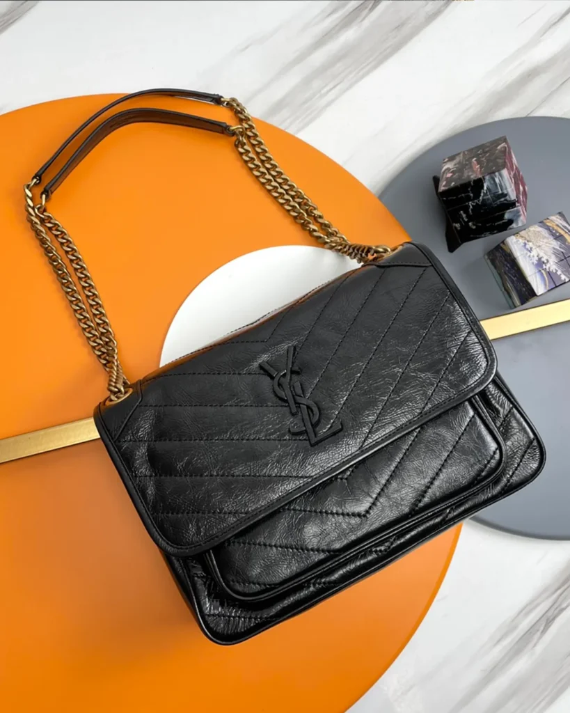 Black Crinkled Chevron Flap Shoulder Bag — front view