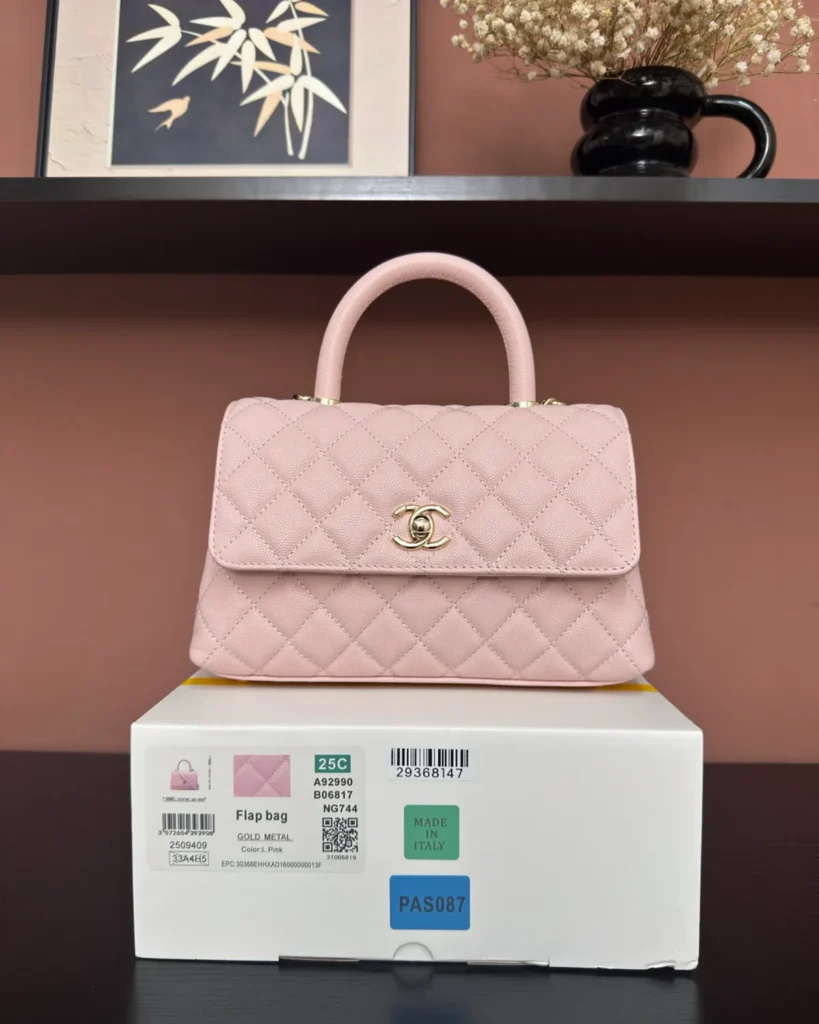 Light Pink Quilted Top-Handle Flap Bag — front view