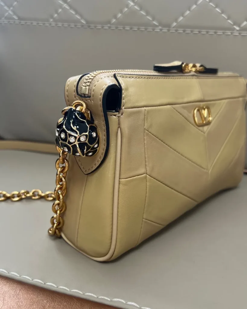 Beige Chevron Zip-Top Chain Bag — side view
