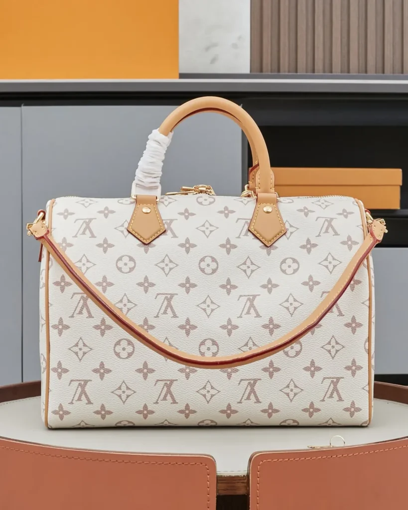 Cream Monogram Top-Handle Bag with Colorful Charms — rear view