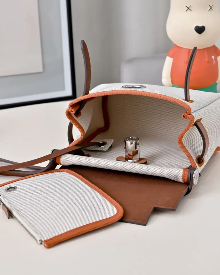 Cream Canvas-Texture Tan Flap Bag — interior view