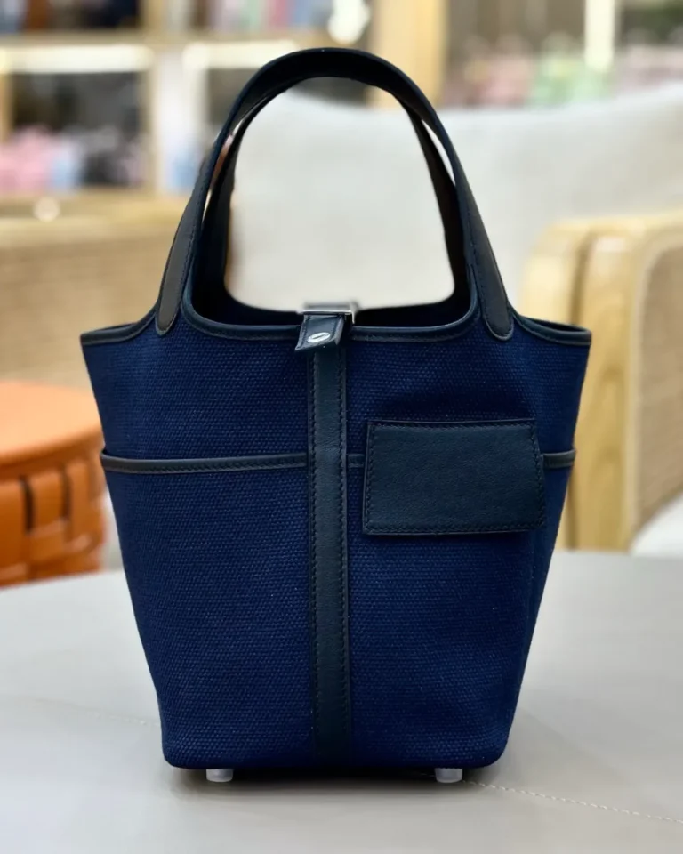 Picotin-Inspired Navy Textured Bucket Tote, front display