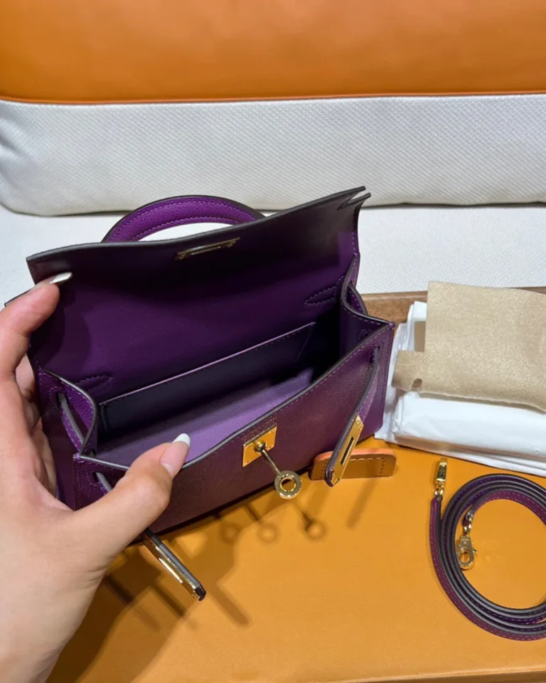 Kelly-Inspired Mini Anemone Purple Top-Handle Bag, open interior compartment