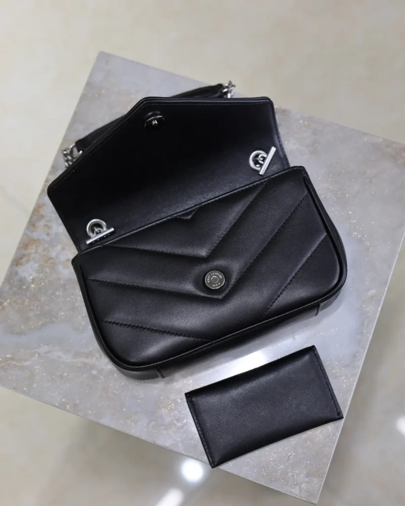 Black Chevron Flap Bag with Silver-Tone Chain — open flap view