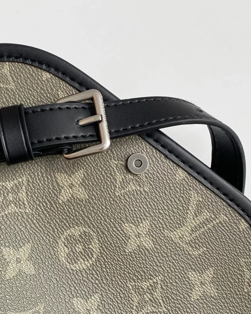 Black and Olive Monogram Flap Crossbody Bag — strap buckle view