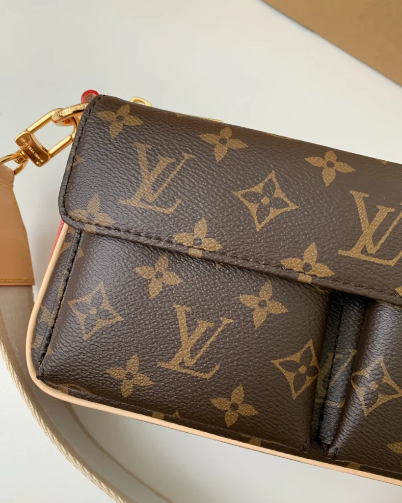 Brown Monogram Front-Pocket Shoulder Bag — pocket detail view