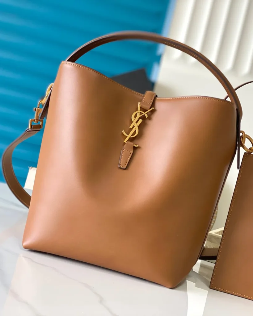 Tan Curved-Top Bucket Bag — front view