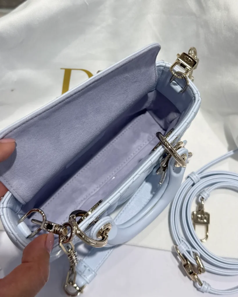 Soft Blue Quilted Chain Handbag — interior view