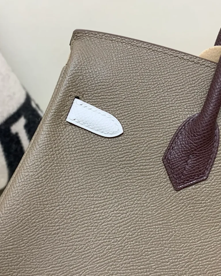 Taupe Burgundy White Top-Handle Bag — handle detail view