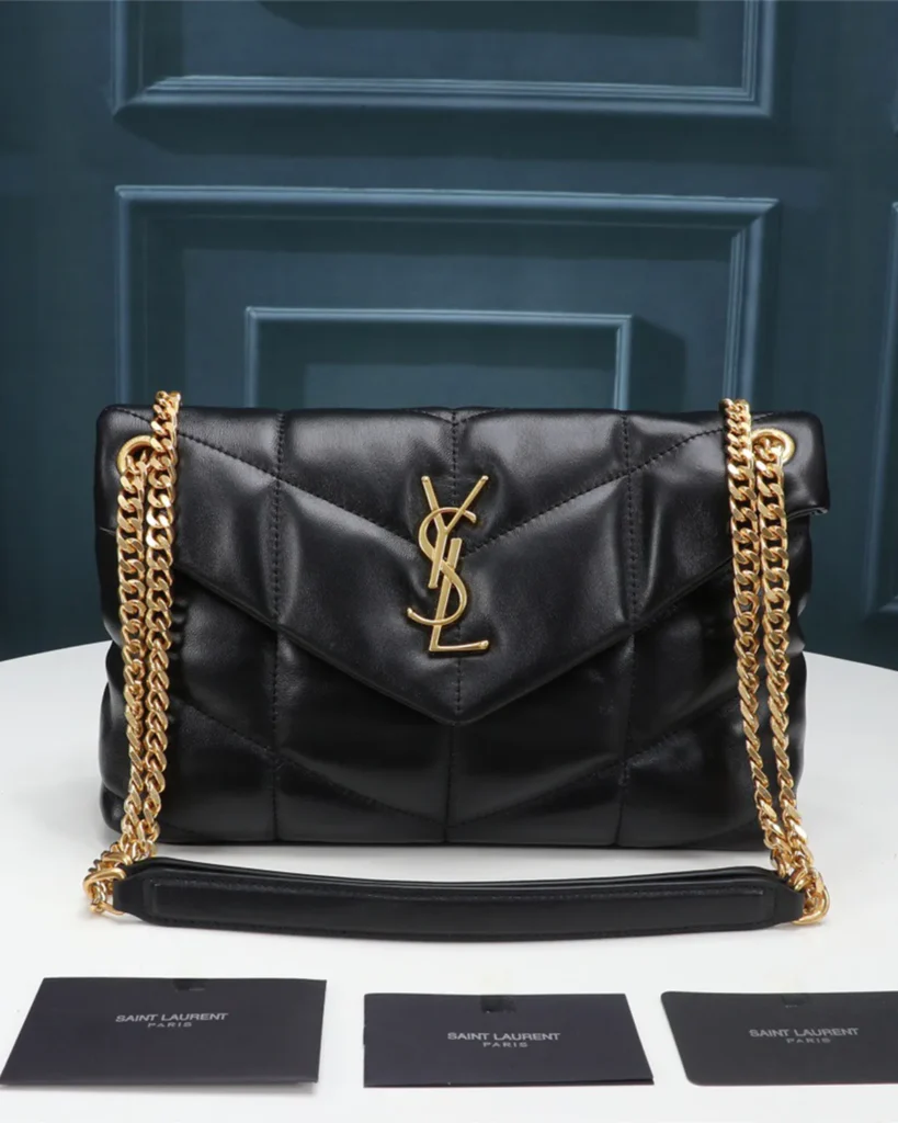 Black Padded Chevron Chain Bag — front on table view