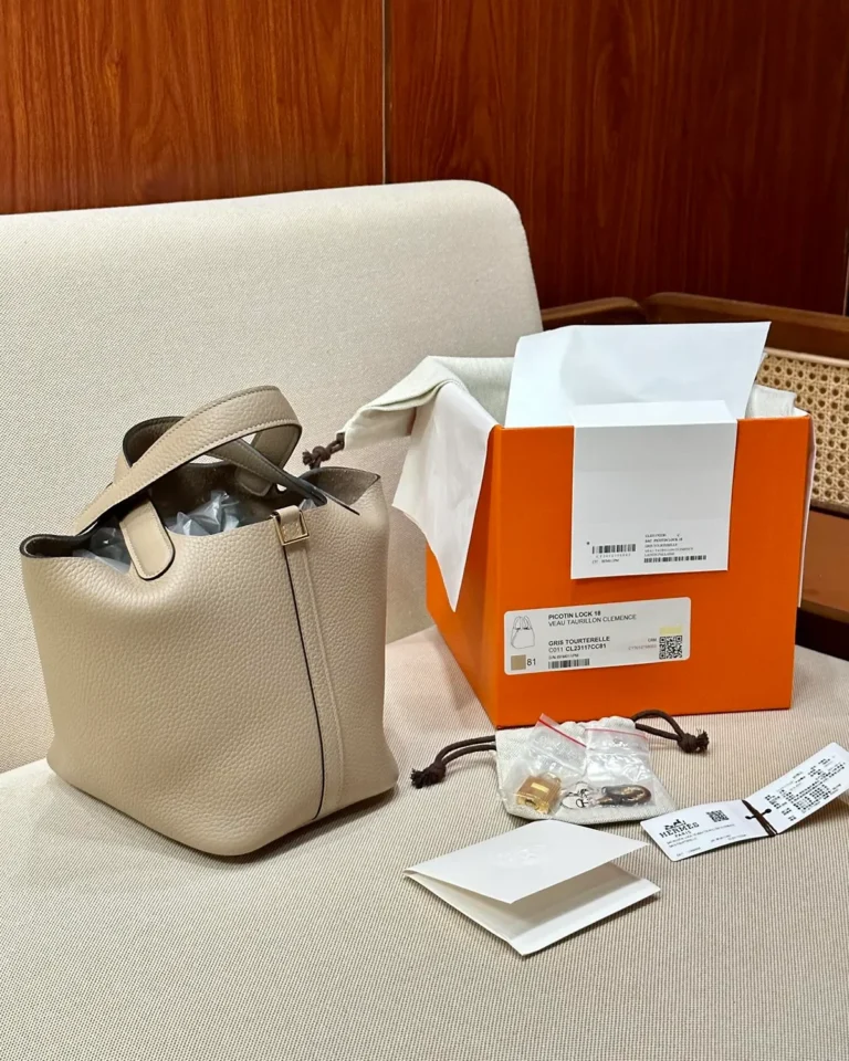 Picotin-Inspired 18 Beige Marfa Bucket Bag, front angle view