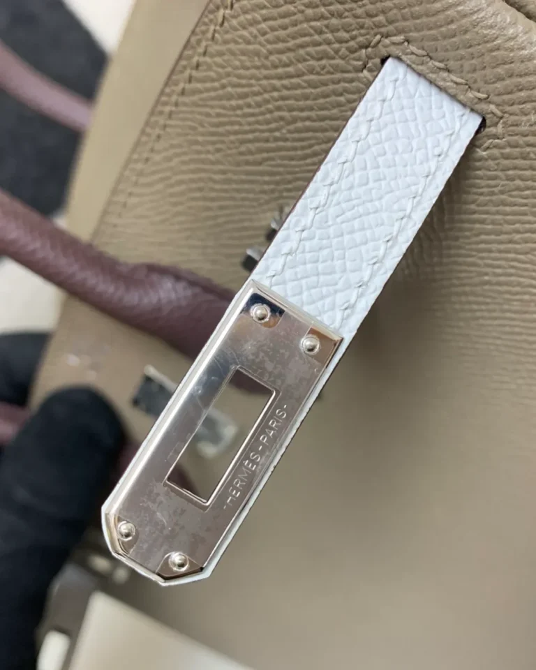Taupe Burgundy White Top-Handle Bag — hardware view