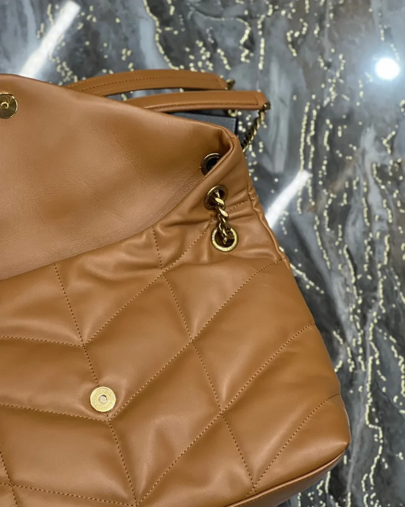 Caramel Quilted Chain Shoulder Bag — closure detail view