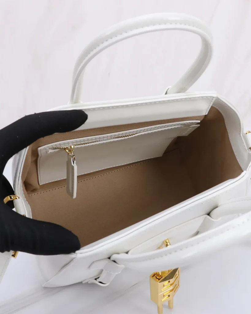 White Lock Detail Top Handle Bag — interior view