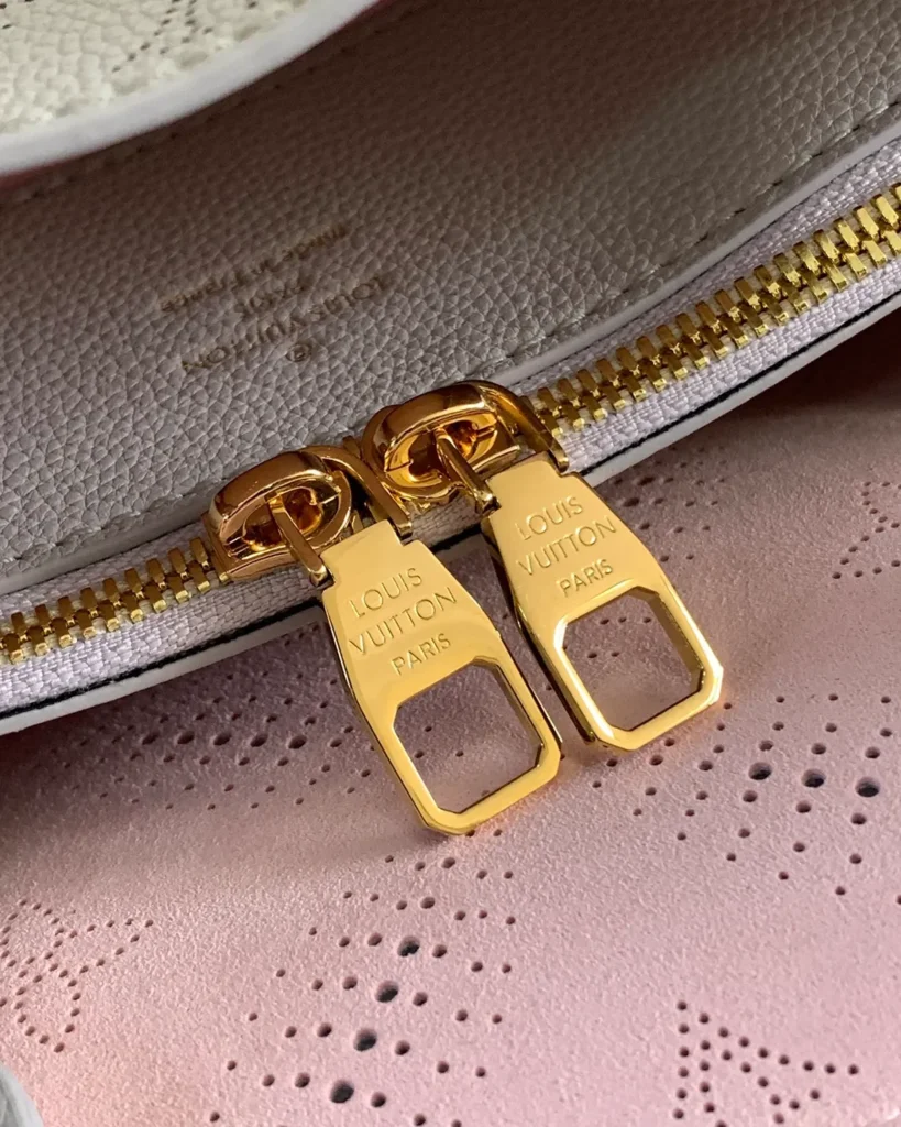 Pale Gray Perforated Monogram Chain Tote — zipper view