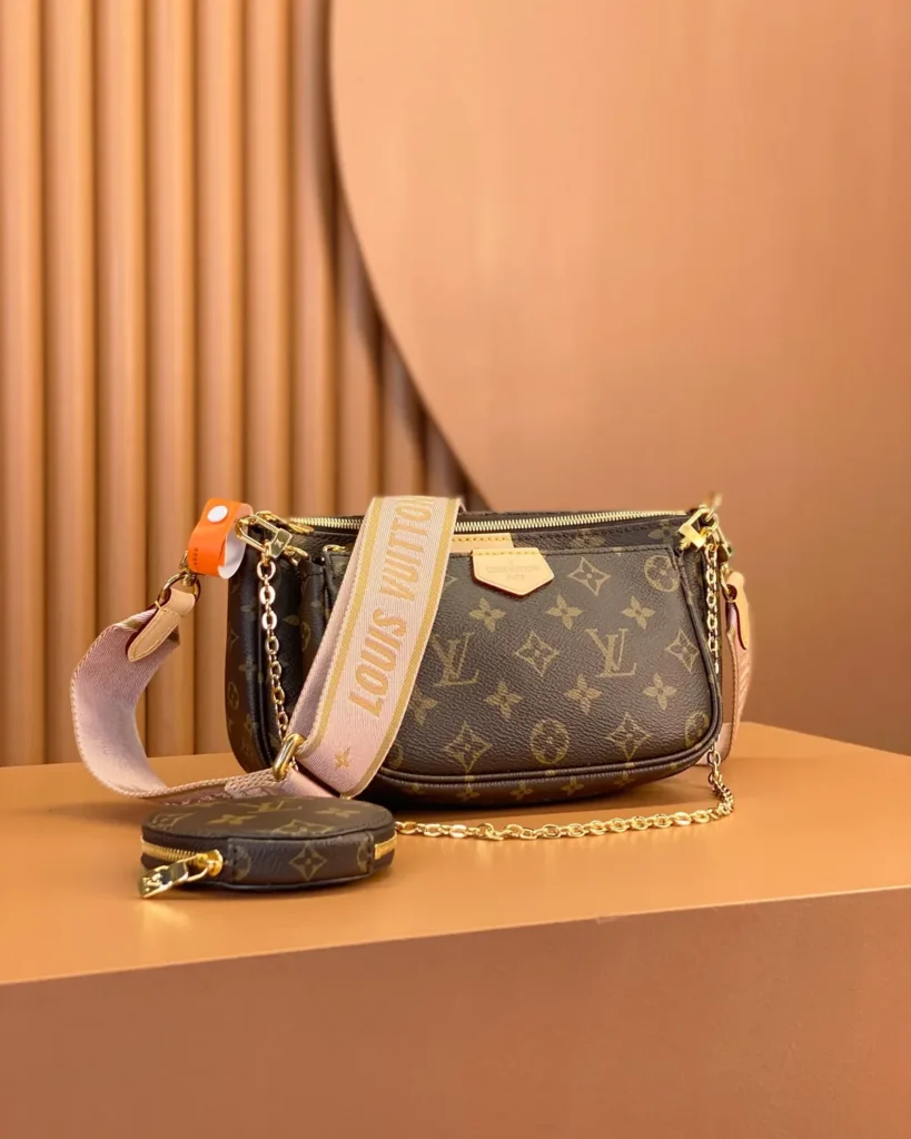 Brown Monogram Multi-Pouch Bag with Pink Strap — strap view view