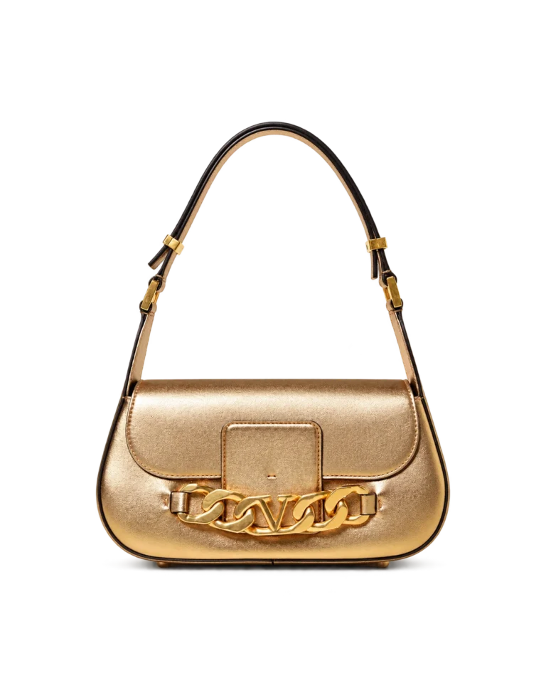 Upright front view of a metallic gold-tone shoulder bag with an adjustable strap and chunky chain detail