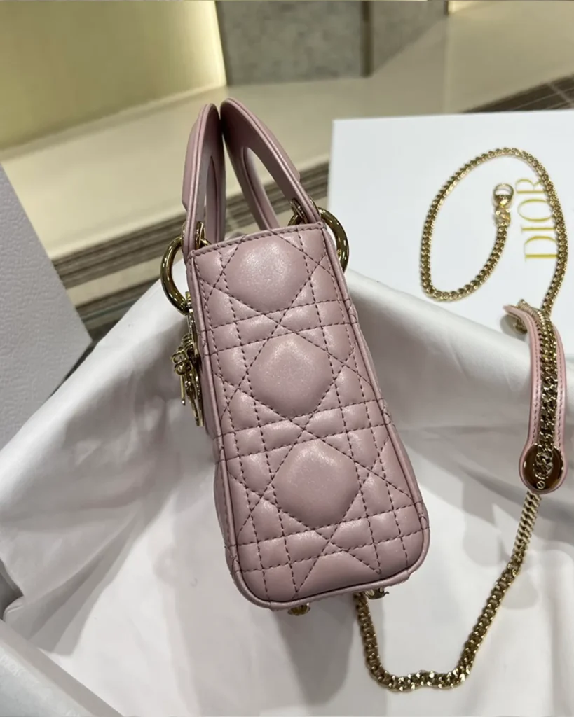Pearlescent Pink Quilted Top Handle Bag — opposite side view
