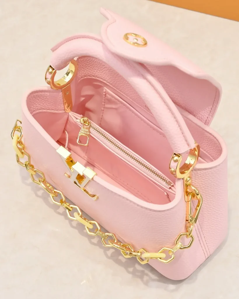 Pink Floral-Chain Top-Handle Bag — interior view