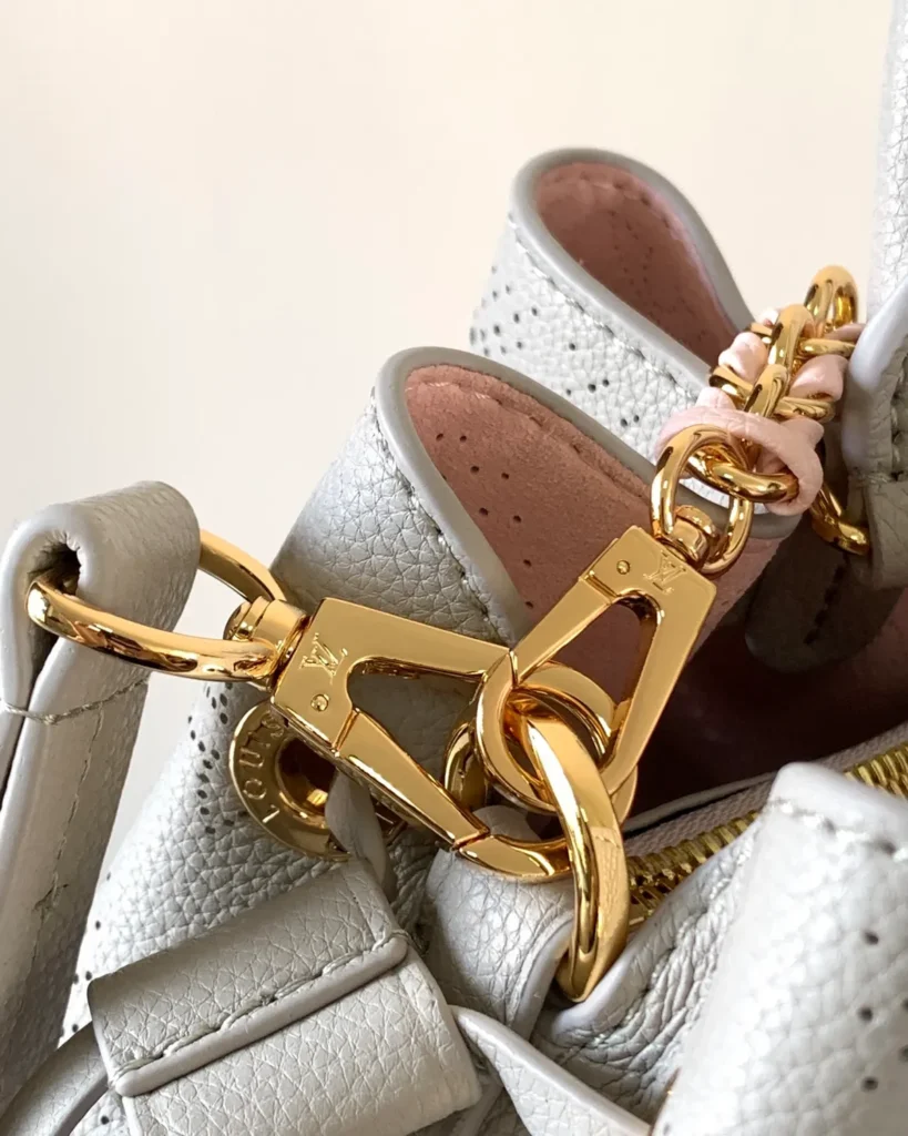 Pale Gray Perforated Monogram Chain Tote — chain clip view