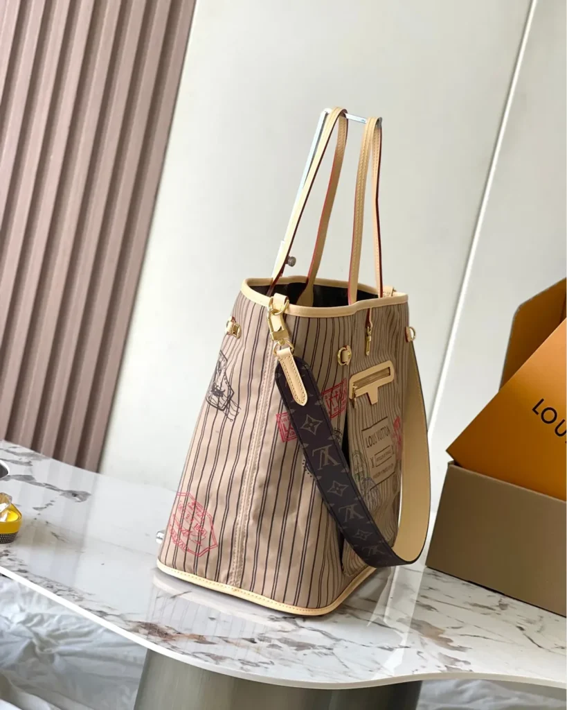Beige Striped Stamp-Motif Reversible Tote — side view