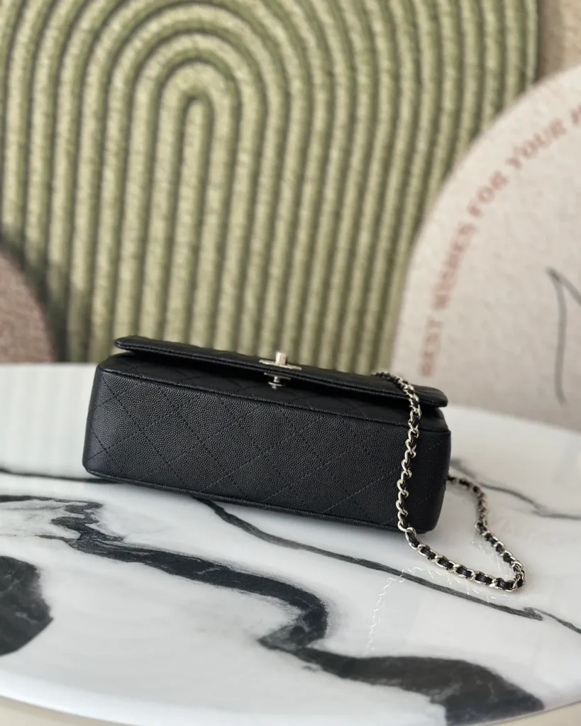 Black Quilted Metal-Handle Flap Bag — base view