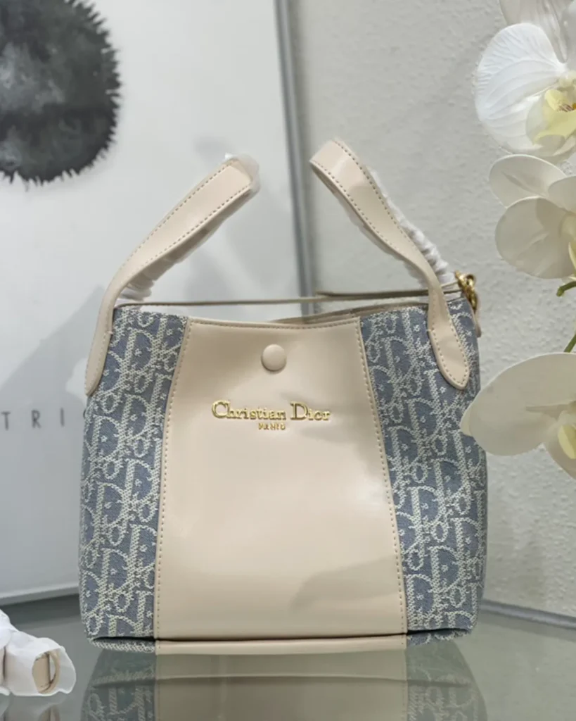 Cream and Blue Monogram Panel Tote — front view