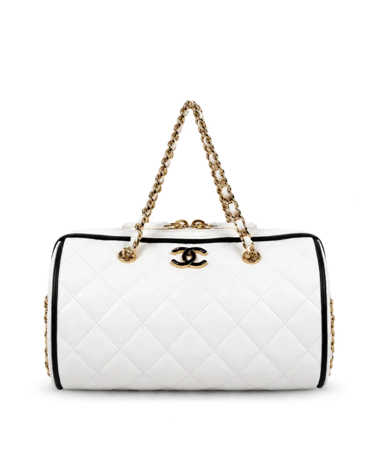 White and Black Quilted Chain Bowler Bag — main view
