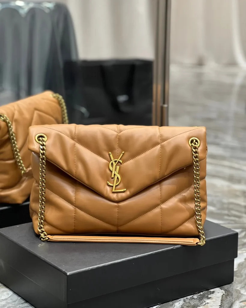 Caramel Quilted Chain Shoulder Bag — front on box view