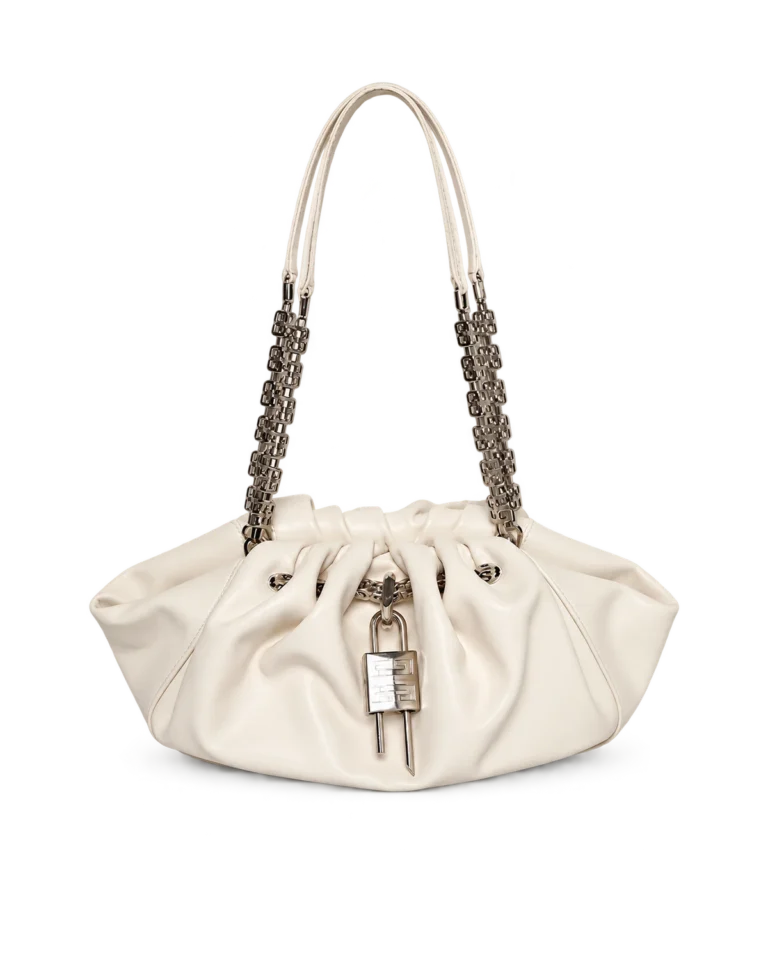 Ivory Ruched Chain Pouch — upright front view