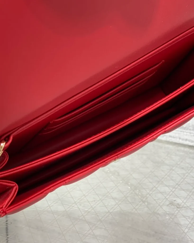 Red Quilted Top Handle Flap Bag — interior view