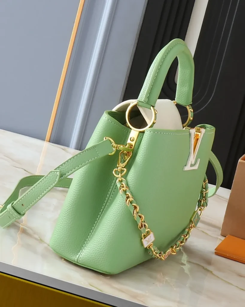 Green Cream-Accent Charm-Chain Bag — side view