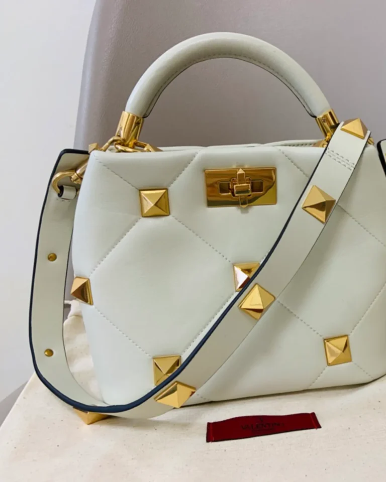 Ivory Diamond-Quilted Studded Top-Handle Bag — front view