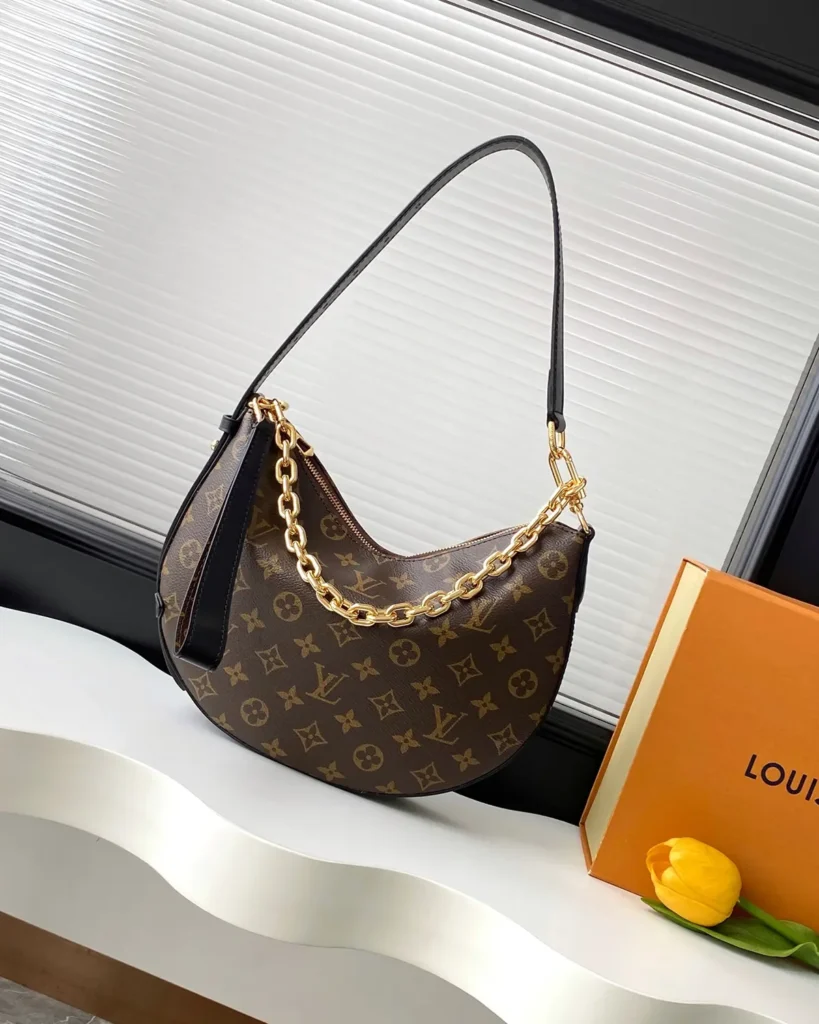 Brown Monogram Crescent Chain Hobo — front view