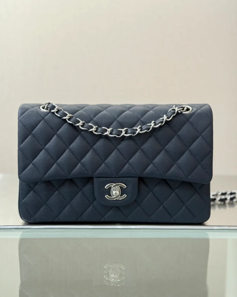 Slate Blue Quilted Chain Flap Bag — front view