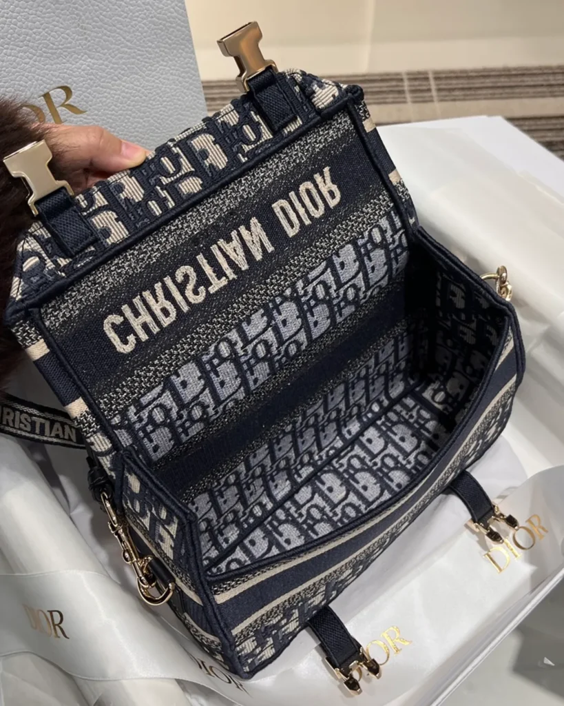 Navy Monogram Twin-Clasp Messenger Bag — open flap view
