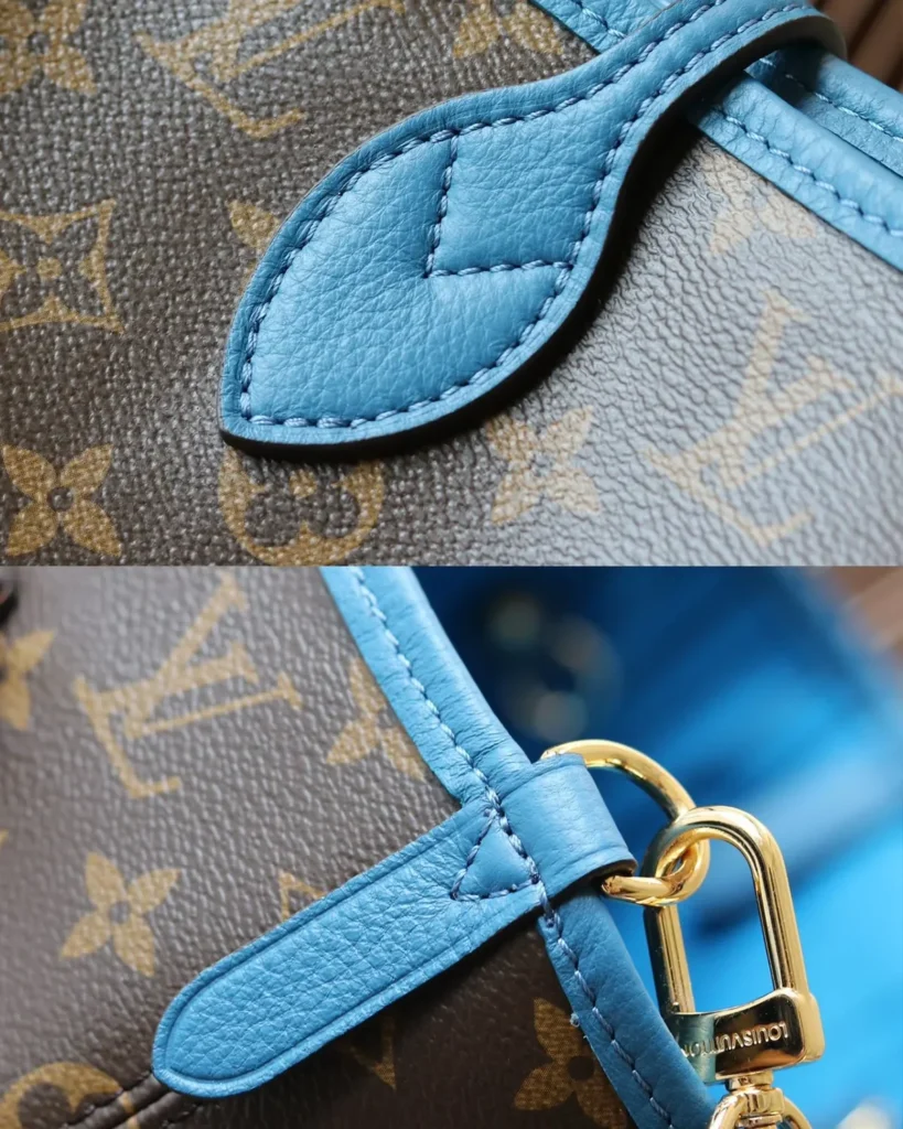 Blue Striped Reversible Monogram Tote — handle tabs view