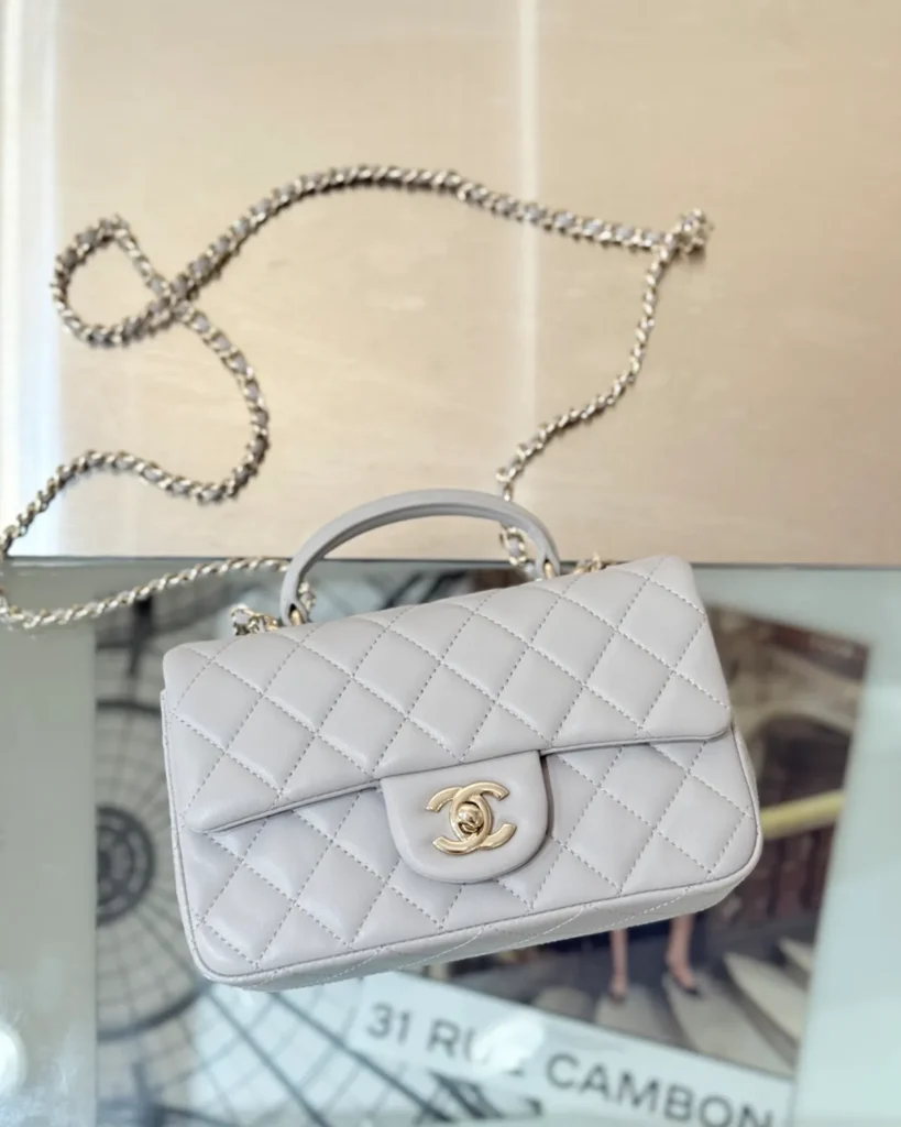 Pale Grey Quilted Top-Handle Flap Bag — chain view view