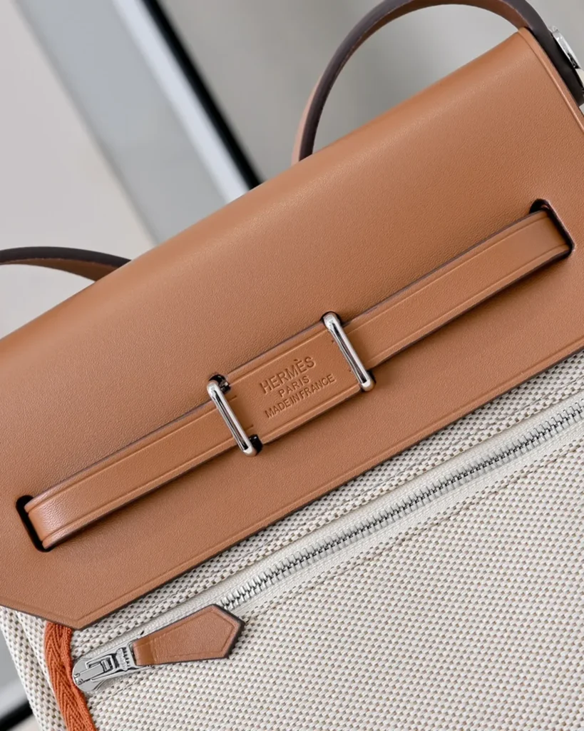 Cream Canvas-Texture Tan Flap Bag — rear closure view