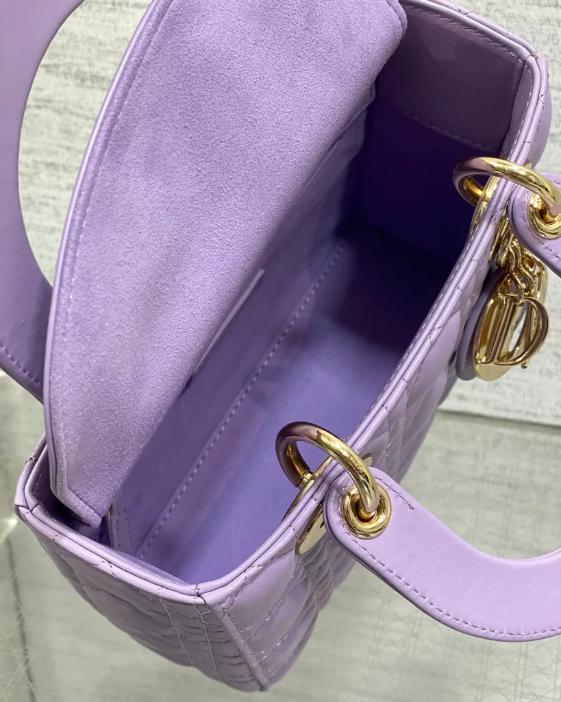 Lilac Quilted Top Handle Bag — interior view
