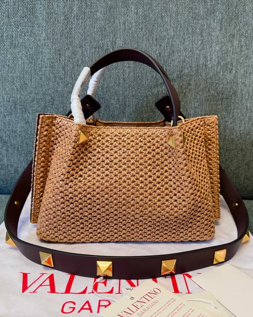 Tan Woven Top-Handle Tote — rear view