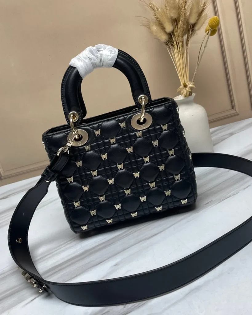 Black Butterfly-Embellished Top Handle Bag — rear view